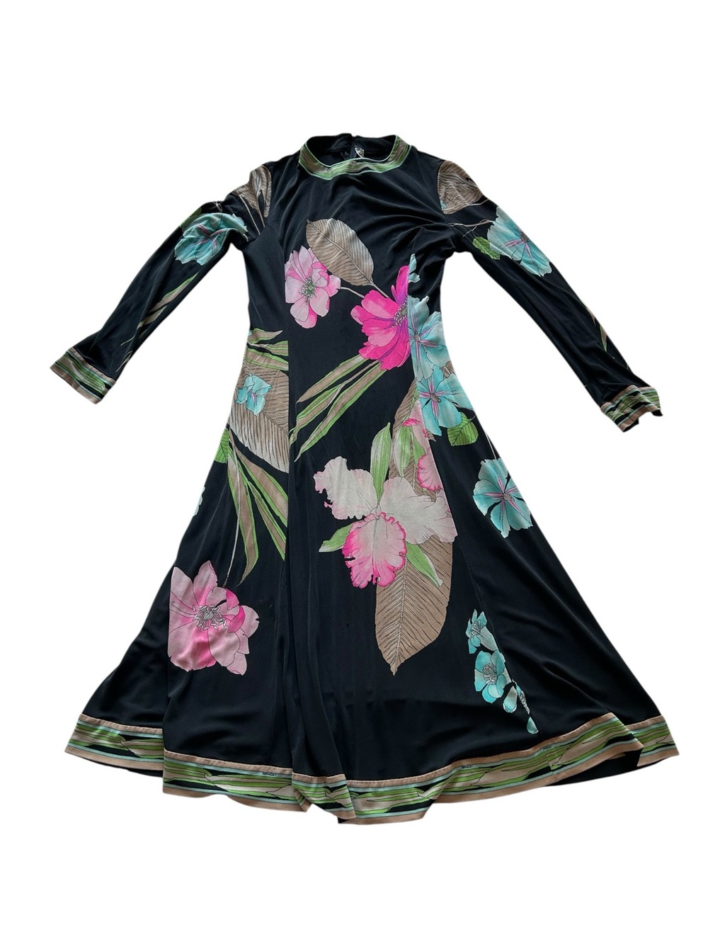 Leonard Vintage Black Long-Sleeve Floral 100% silk with Pink & Teal Blooms Dress